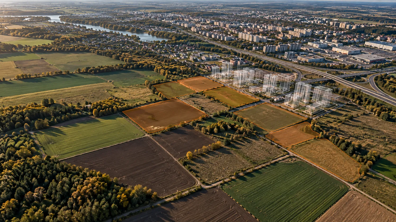 Сельскохозяйственные земли рядом с городской застройкой